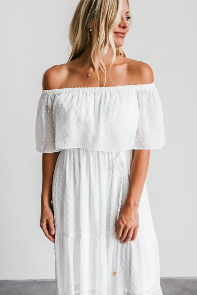 White/Black/Rust Red/Sky Blue/Yellow/Green Off Shoulder Ruffle Swiss Dot Maxi Dress