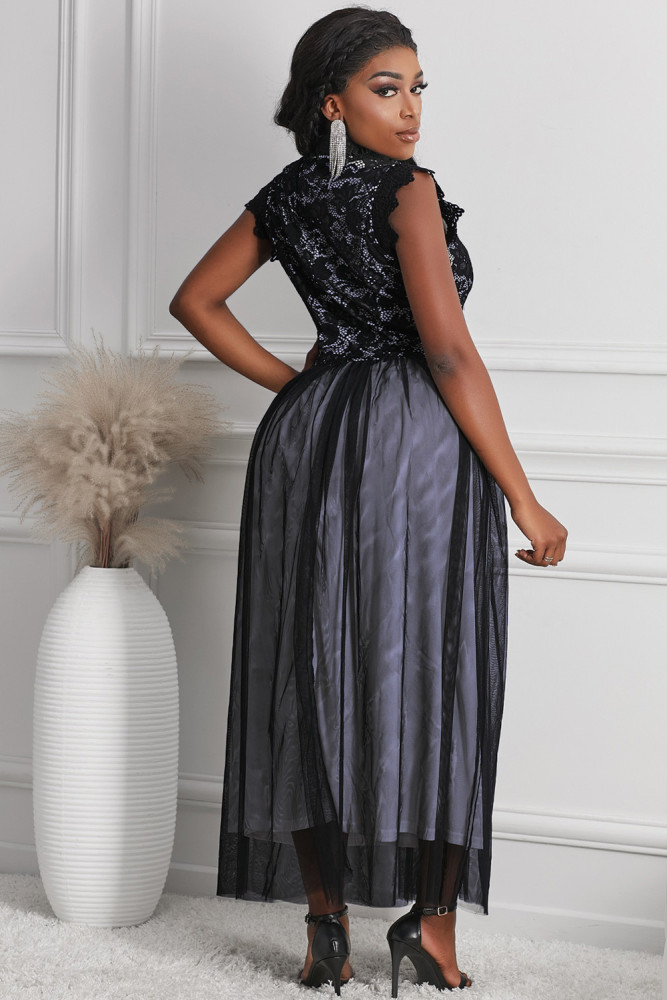 Floral Lace Dress for Women High Neck Sleeveless Crochet Mesh Maxi Dress