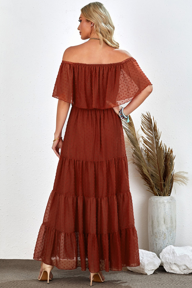 White/Black/Rust Red/Sky Blue/Yellow/Green Off Shoulder Ruffle Swiss Dot Maxi Dress