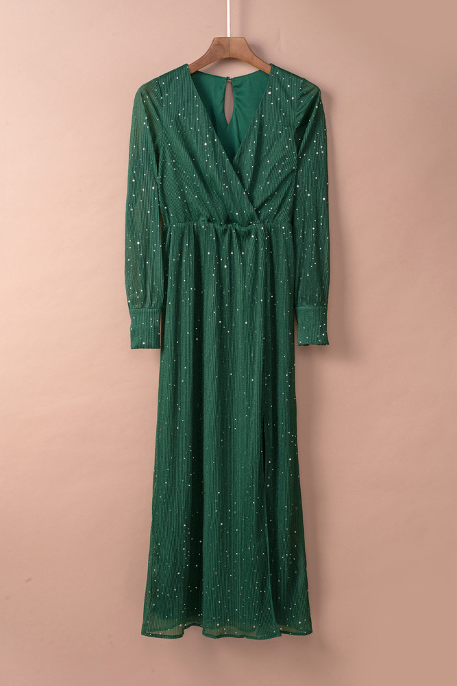 Black/Wine Red/Green/Apricot Side Split Rhinestone V Neck Maxi Dress