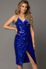 Blue Deep V Neck Sequins Midi Dress with Side Split