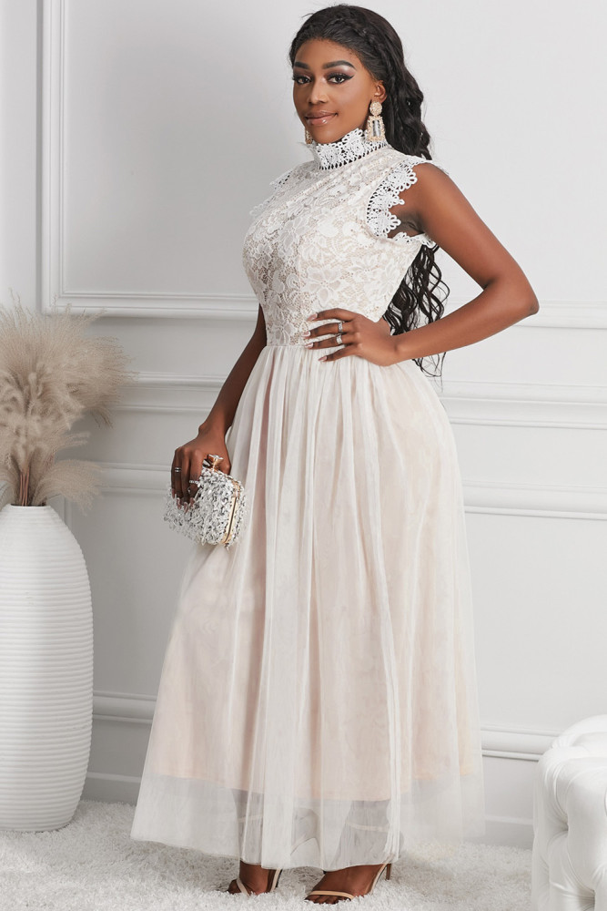 Floral Lace Dress for Women High Neck Sleeveless Crochet Mesh Maxi Dress
