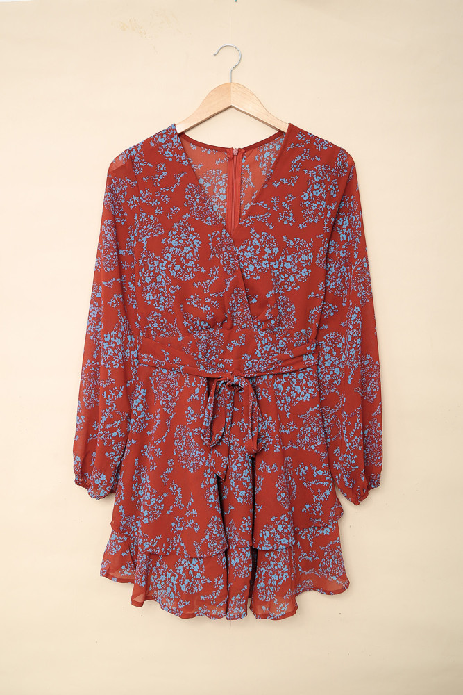 V Neck Waist Tie Double Layer Ruffle Short Dress