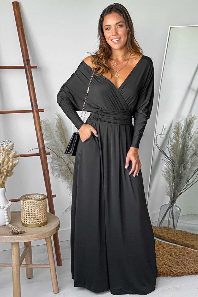 Black V Neck Off The Shoulder Maxi Dress