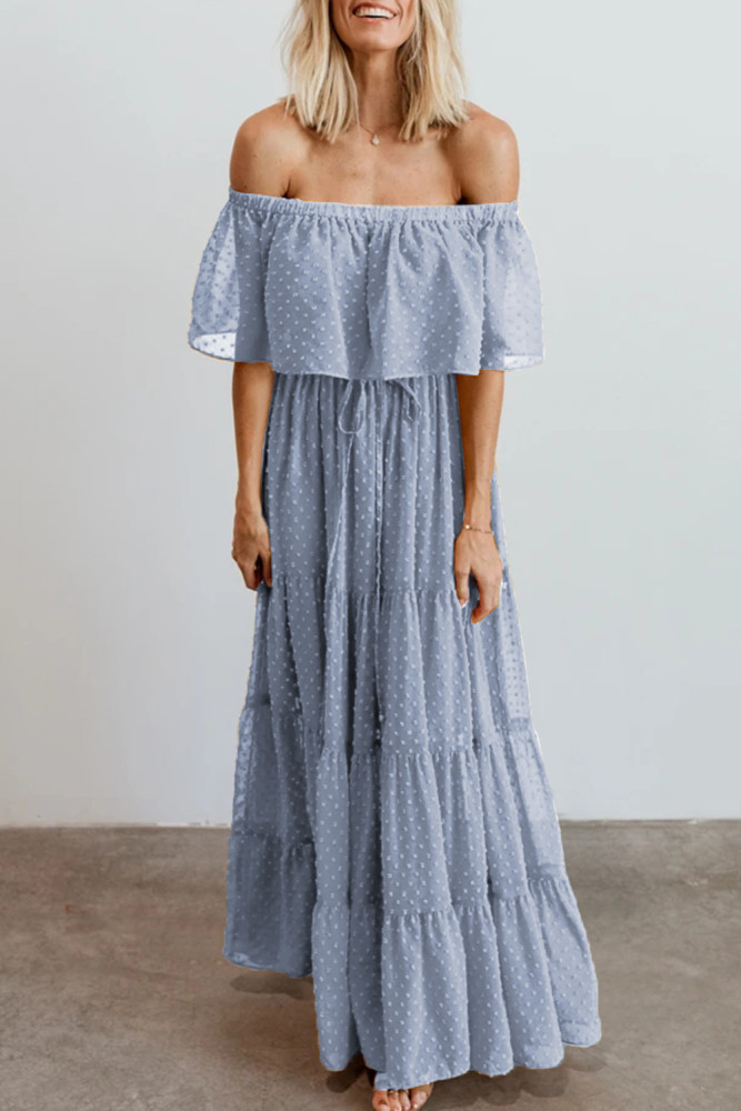 White/Black/Rust Red/Sky Blue/Yellow/Green Off Shoulder Ruffle Swiss Dot Maxi Dress