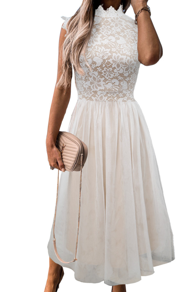 Floral Lace Dress for Women High Neck Sleeveless Crochet Mesh Maxi Dress