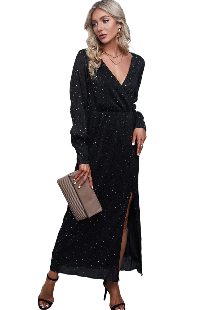 Black/Wine Red/Green/Apricot Side Split Rhinestone V Neck Maxi Dress