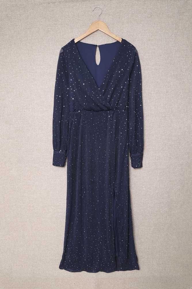 Black/Wine Red/Green/Apricot Side Split Rhinestone V Neck Maxi Dress