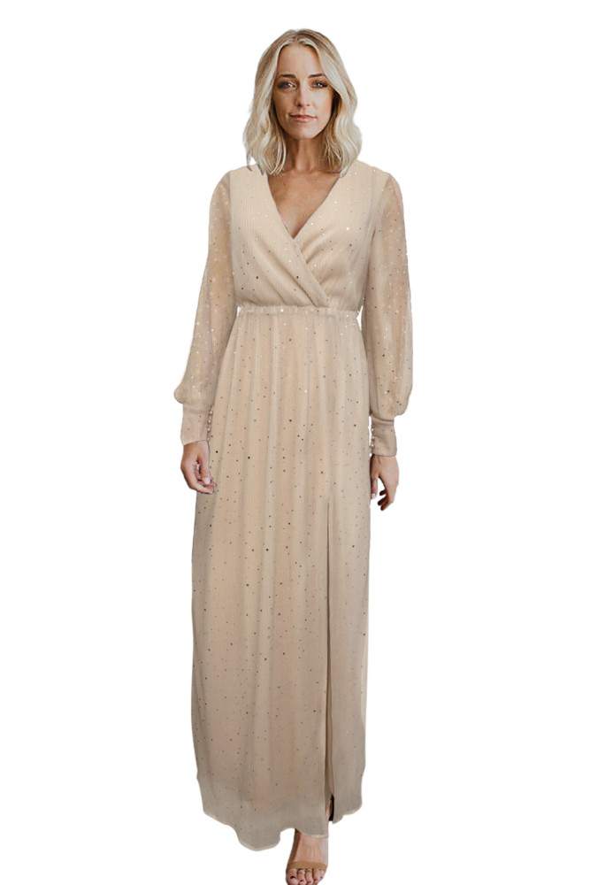 Black/Wine Red/Green/Apricot Side Split Rhinestone V Neck Maxi Dress