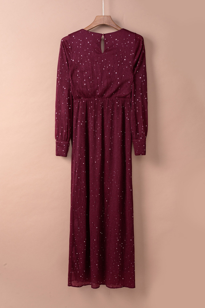Black/Wine Red/Green/Apricot Side Split Rhinestone V Neck Maxi Dress