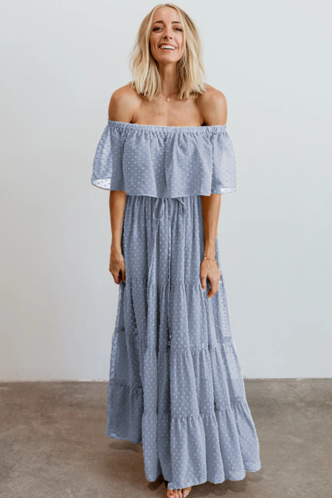 White/Black/Rust Red/Sky Blue/Yellow/Green Off Shoulder Ruffle Swiss Dot Maxi Dress