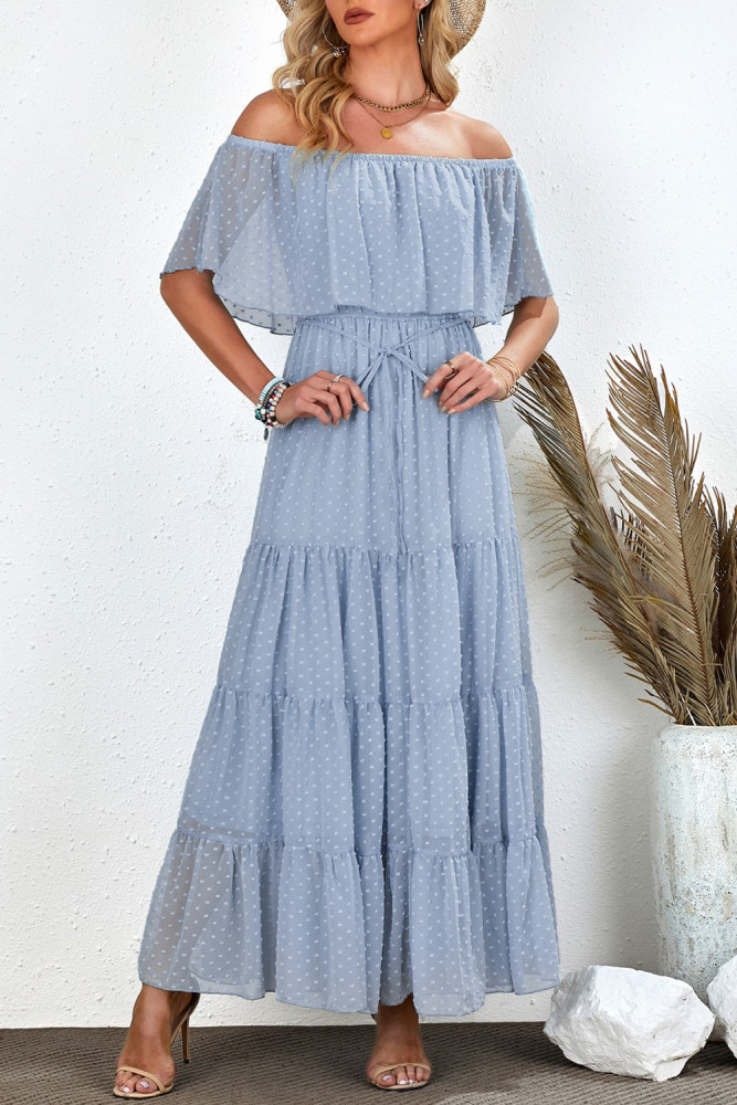 White/Black/Rust Red/Sky Blue/Yellow/Green Off Shoulder Ruffle Swiss Dot Maxi Dress