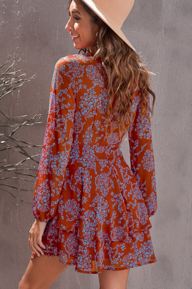 V Neck Waist Tie Double Layer Ruffle Short Dress