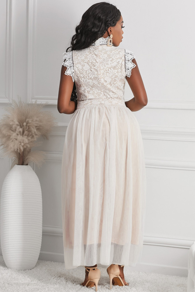 Floral Lace Dress for Women High Neck Sleeveless Crochet Mesh Maxi Dress