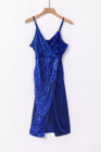 Blue Deep V Neck Sequins Midi Dress with Side Split