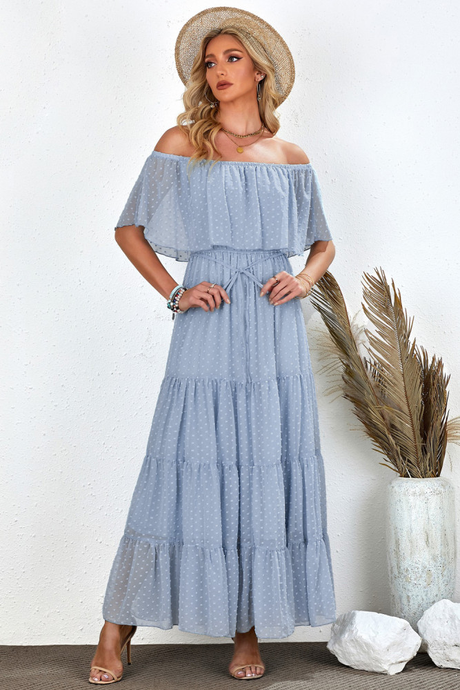 White/Black/Rust Red/Sky Blue/Yellow/Green Off Shoulder Ruffle Swiss Dot Maxi Dress