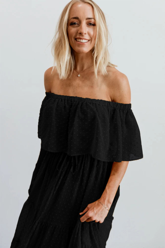 White/Black/Rust Red/Sky Blue/Yellow/Green Off Shoulder Ruffle Swiss Dot Maxi Dress