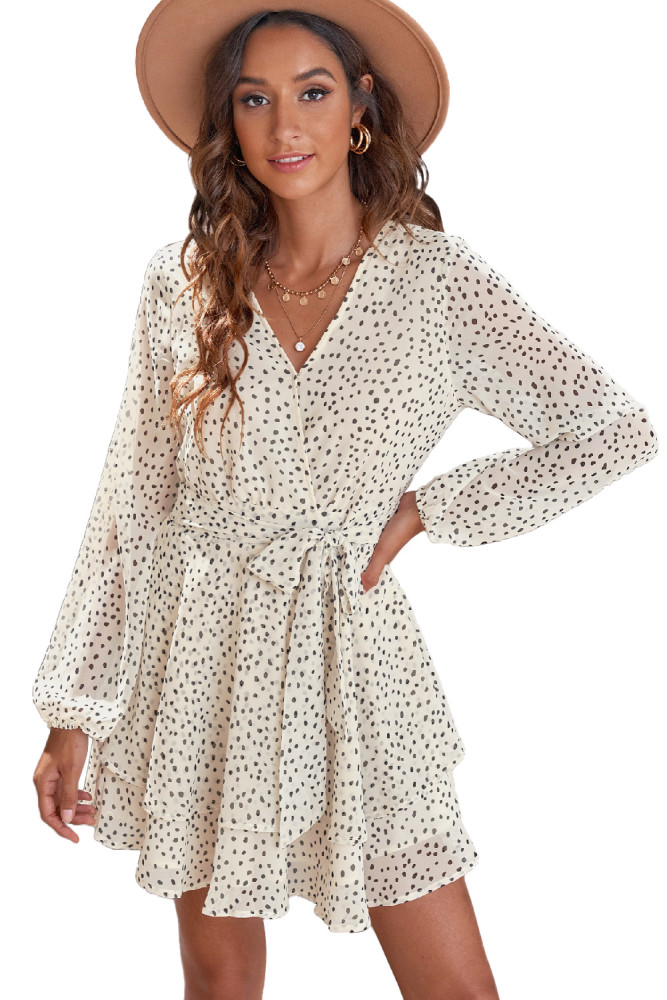 V Neck Waist Tie Double Layer Ruffle Short Dress