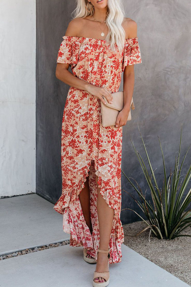 Off The Shoulder High Low Floral Maxi Dress