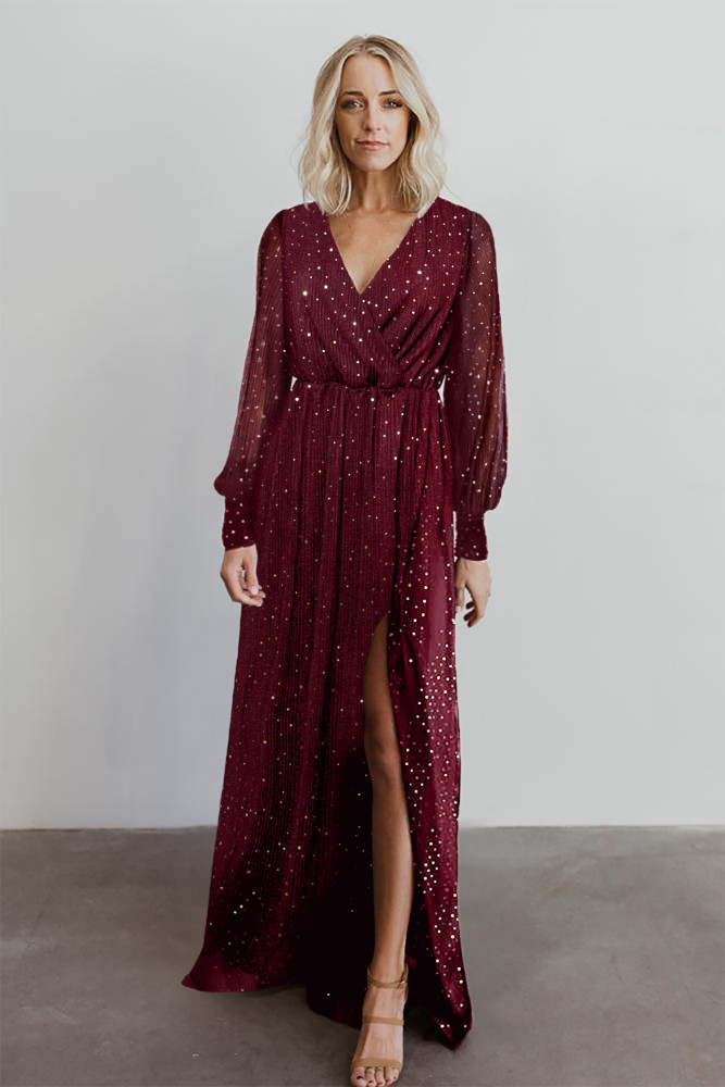 Black/Wine Red/Green/Apricot Side Split Rhinestone V Neck Maxi Dress