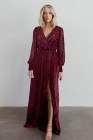 Black/Wine Red/Green/Apricot Side Split Rhinestone V Neck Maxi Dress