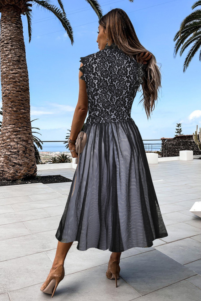 Floral Lace Dress for Women High Neck Sleeveless Crochet Mesh Maxi Dress