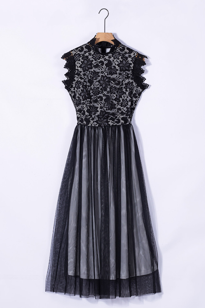 Floral Lace Dress for Women High Neck Sleeveless Crochet Mesh Maxi Dress