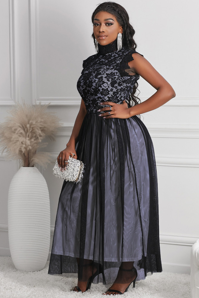 Floral Lace Dress for Women High Neck Sleeveless Crochet Mesh Maxi Dress