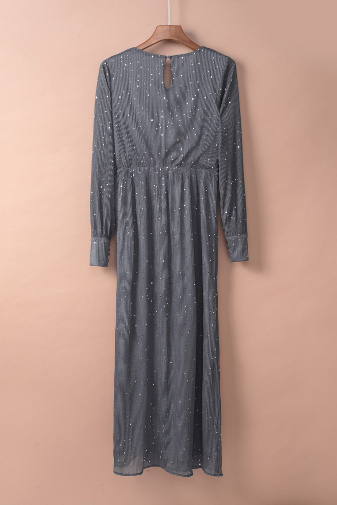 Black/Wine Red/Green/Apricot Side Split Rhinestone V Neck Maxi Dress