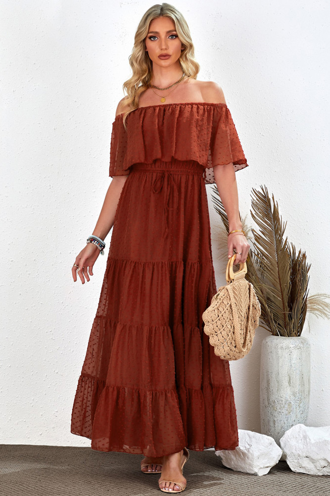 White/Black/Rust Red/Sky Blue/Yellow/Green Off Shoulder Ruffle Swiss Dot Maxi Dress