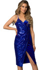 Blue Deep V Neck Sequins Midi Dress with Side Split