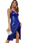 Blue Deep V Neck Sequins Midi Dress with Side Split