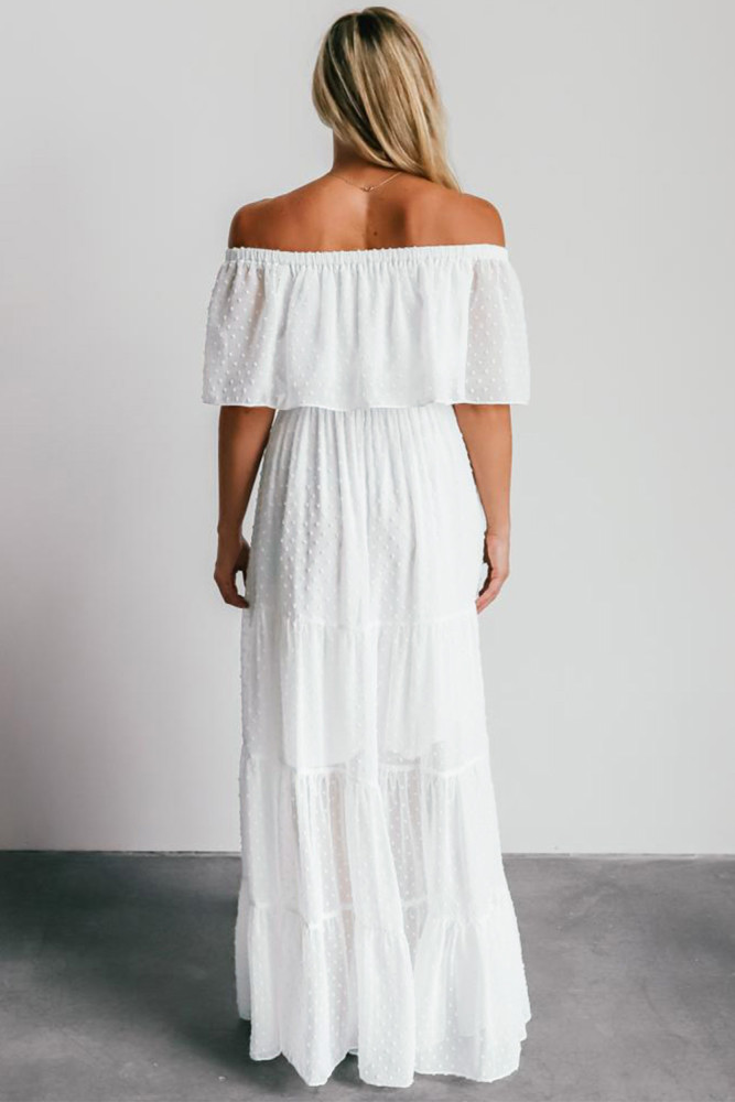 White/Black/Rust Red/Sky Blue/Yellow/Green Off Shoulder Ruffle Swiss Dot Maxi Dress