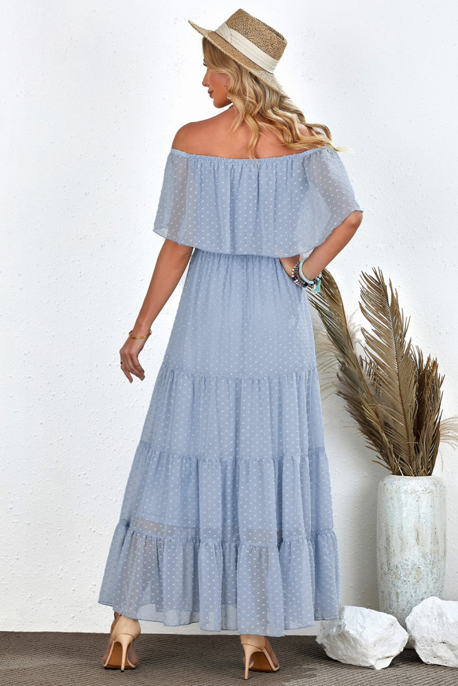 White/Black/Rust Red/Sky Blue/Yellow/Green Off Shoulder Ruffle Swiss Dot Maxi Dress