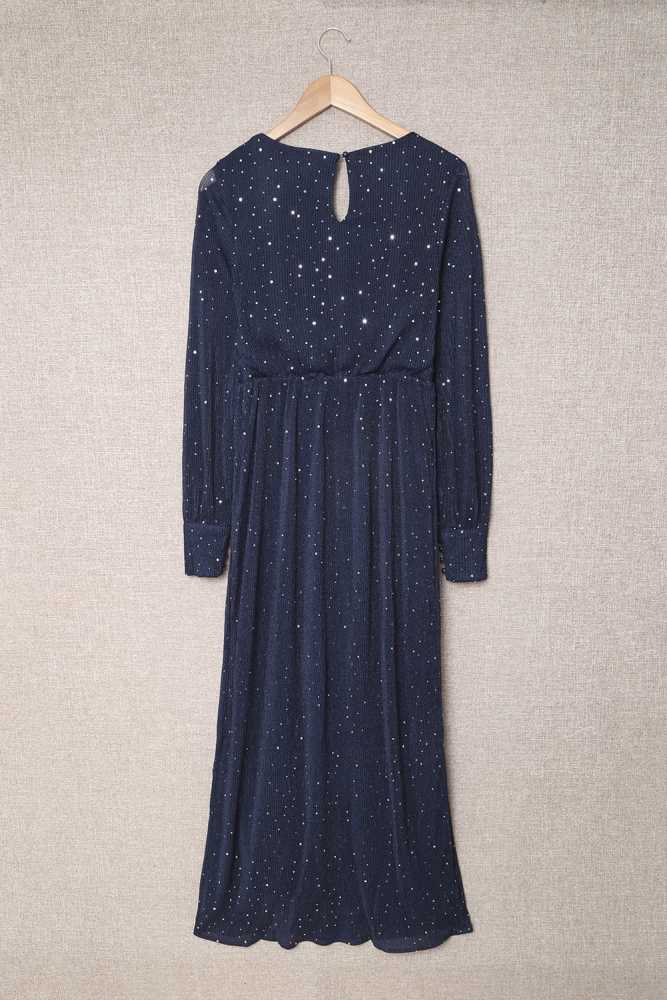 Black/Wine Red/Green/Apricot Side Split Rhinestone V Neck Maxi Dress