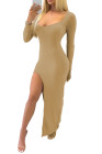 Scoop Neck Long Sleeve Rib Maxi Dress with Split