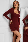 Scoop Neck Long Sleeve Rib Maxi Dress with Split