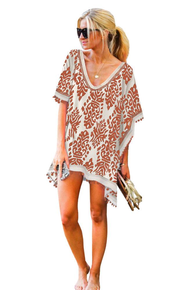 Womens Floral Print Tassel Hem Beach Cover up
