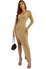 Scoop Neck Long Sleeve Rib Maxi Dress with Split