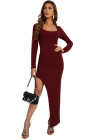 Scoop Neck Long Sleeve Rib Maxi Dress with Split