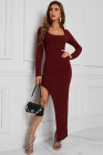 Scoop Neck Long Sleeve Rib Maxi Dress with Split