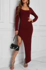 Scoop Neck Long Sleeve Rib Maxi Dress with Split