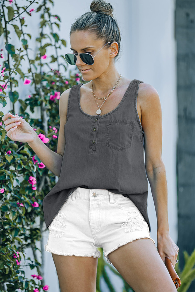 Sleeveless Tops Denim Bust Pocket Tank Top