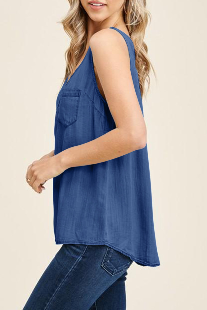 Sleeveless Tops Denim Bust Pocket Tank Top