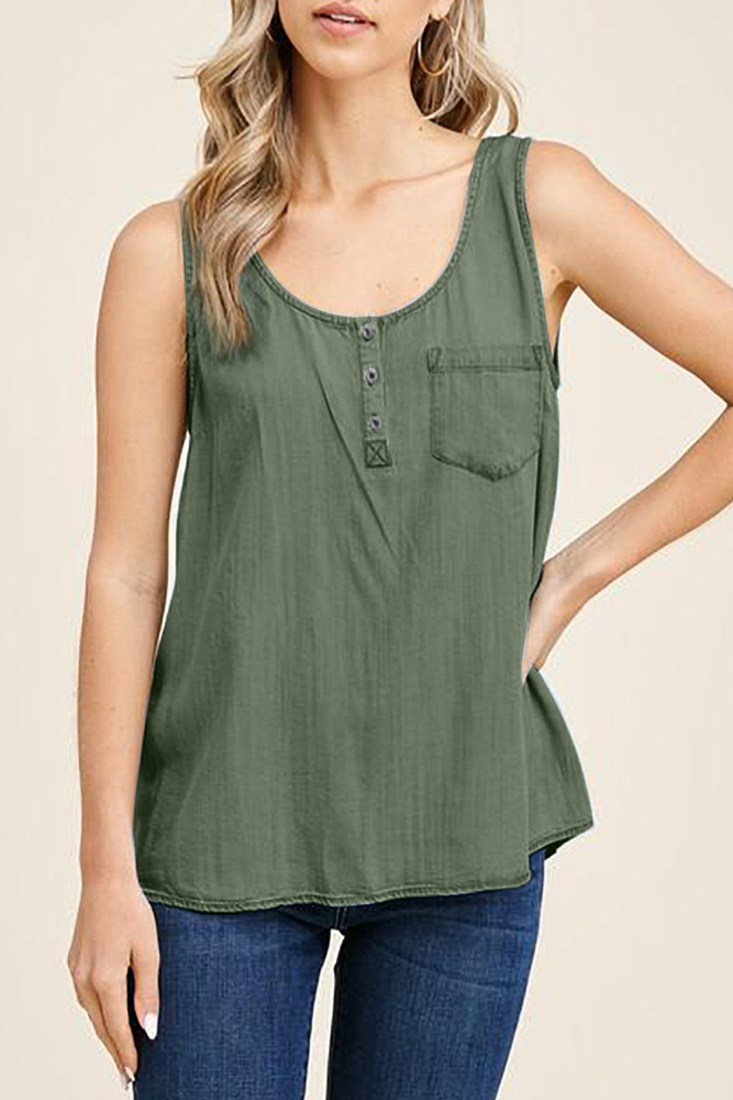 Sleeveless Tops Denim Bust Pocket Tank Top