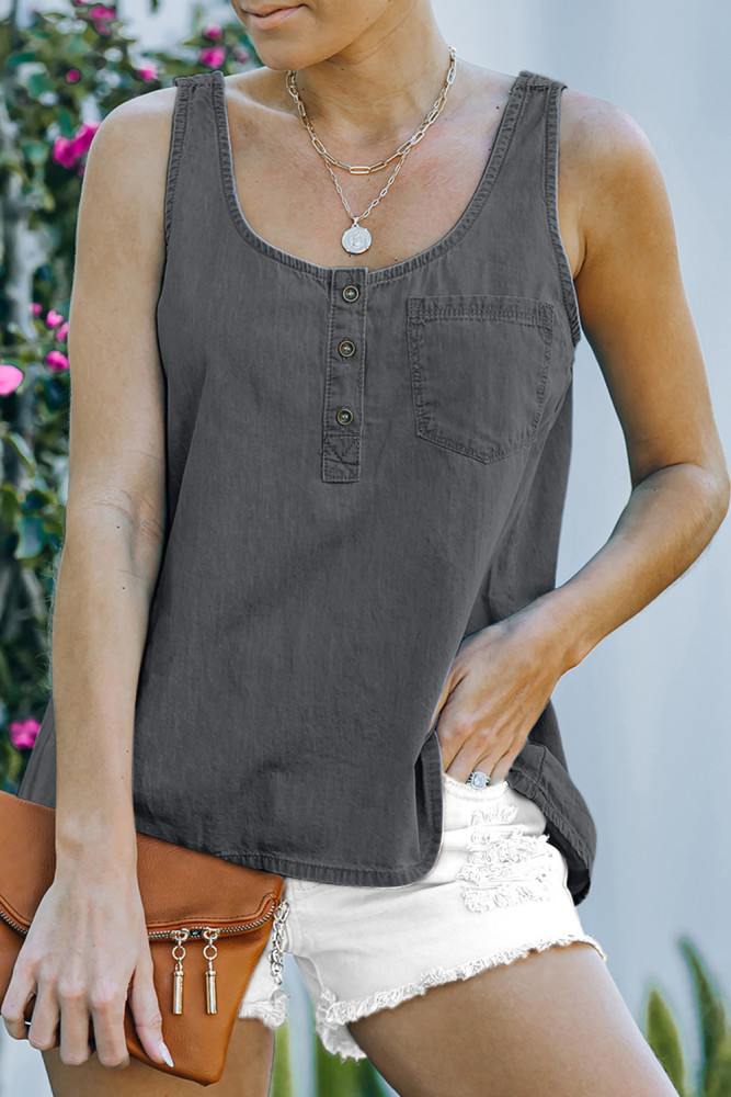 Sleeveless Tops Denim Bust Pocket Tank Top