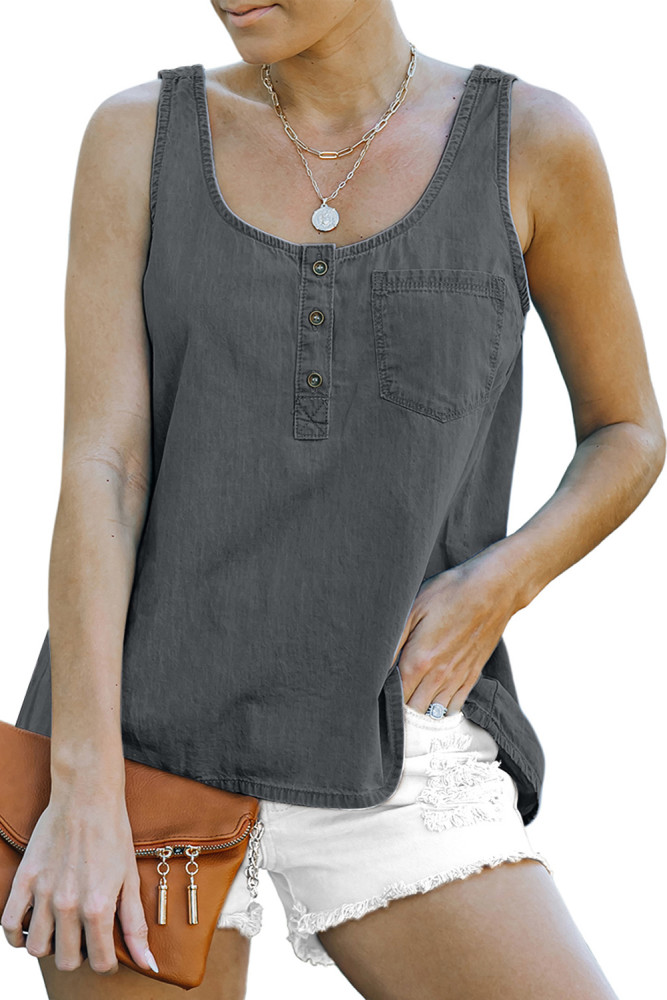 Sleeveless Tops Denim Bust Pocket Tank Top