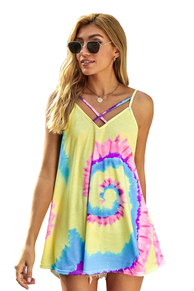 Tie Dye Strappy Crossed Neckline Tank Top