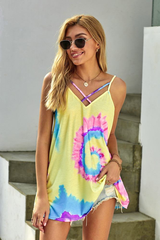 Tie Dye Strappy Crossed Neckline Tank Top