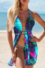 Stripe Abstract Print 3pcs Swimsuit with Cover Up